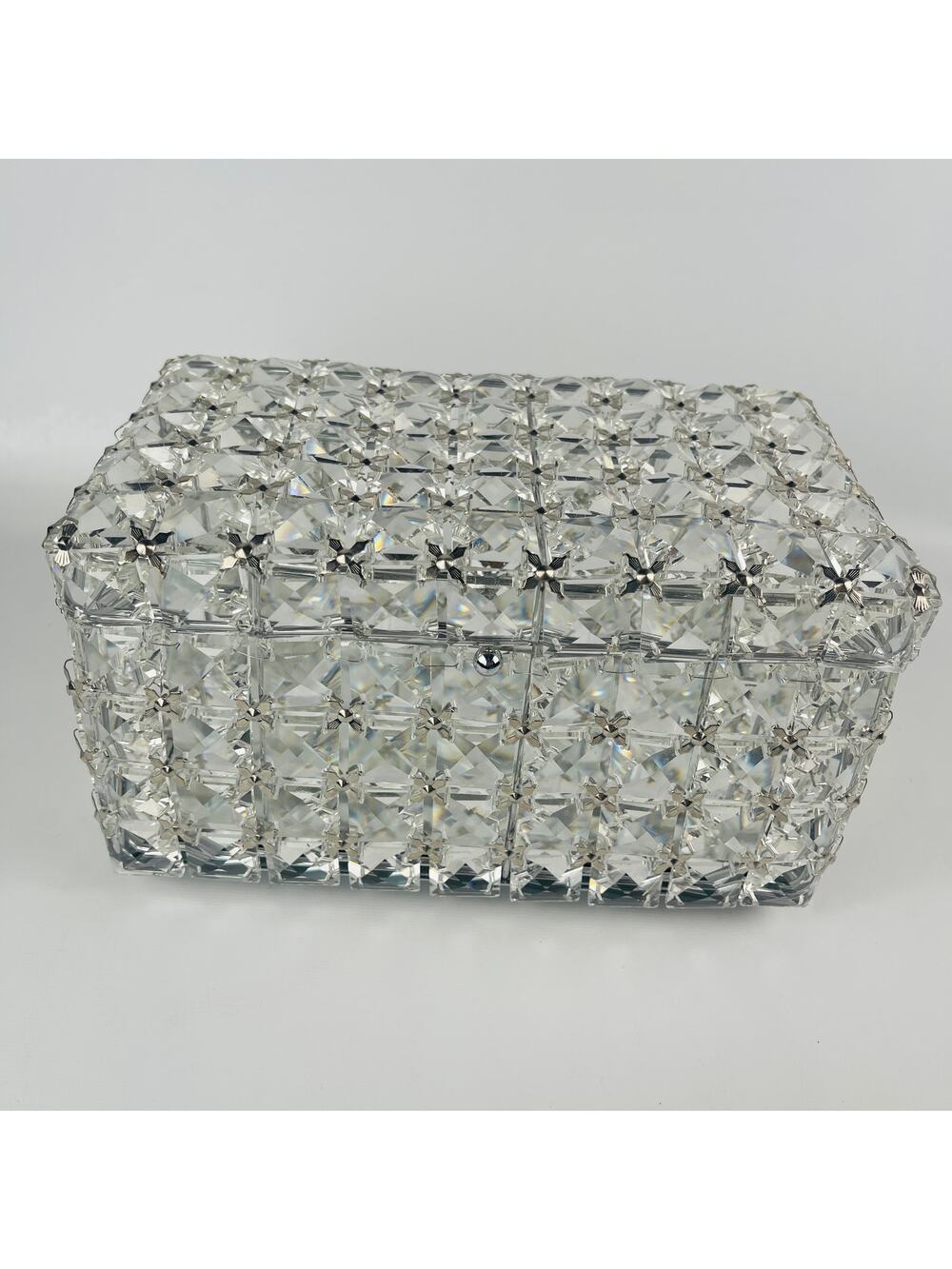 Faceted Gem Keepsake Box Mirrored Bottom Footed Silver Tone Accents